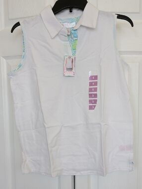 Women's White Collared Tank Top with Floral Trim